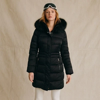 Abrigo acolchado con capucha de piel sintética con babero de terciopelo Tahari negro invierno M Foto 1 de 4