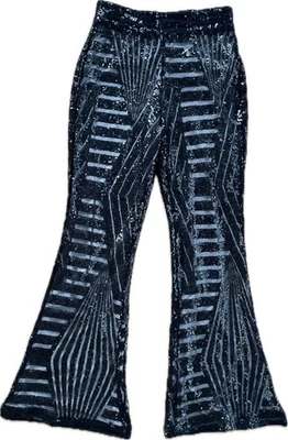 Calça de festa feminina L preta lantejoula cintura alta alargamento rocha caprichosa - Imagem 1 de 4