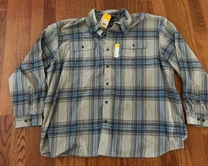NWT! Carhartt Loose Fit Heavyweight Flannel Plaid Shirt Mens Size 3XL Grey Blue - Picture 1 of 3