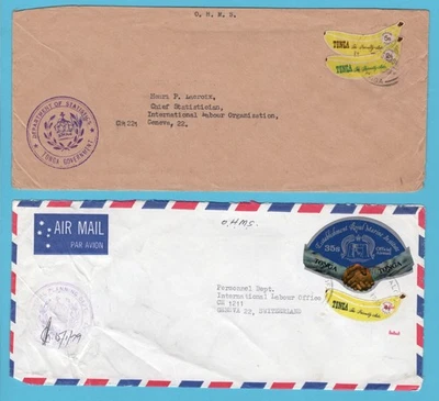 TONGA 2 banana franked covers 1976-80 Tonga OHMS to Switserland - Image 1 of 2
