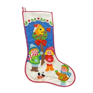 Vintage Filz Weihnachtsstrumpf - Bucilla - fertig gefüttert - einige Gebrauchsspuren Vogel Hund Kinder - Bild 1 von 6