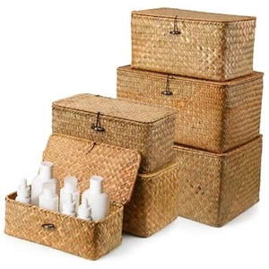 6 Pcs Seagrass Basket with Lid Wicker Storage Decorative Boxes with Lids Bin - Picture 1 of 8