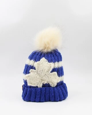 手工针织定制游戏日枫叶美利奴和羊毛蓝色和白色帽子 S — 第 1/4 张图片