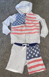 OshKosh B'gosh American Flag Hoodie & Shorts Size 5/6 Grey Stars USA Full Zip - Picture 1 of 5