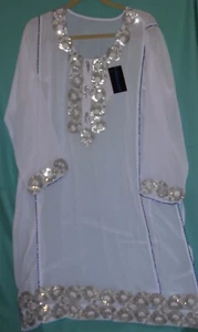 Traje 1491 Salwar Kameez Dupatta Talla Grande Blanco Azul Seda Gasa - Imagen 1 de 4
