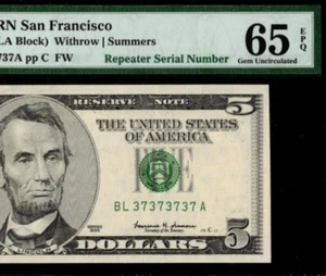 1999 $5 Federal Reserve Note PMG 65EPQ birthday fancy super repeater 37373737 - Picture 1 of 3