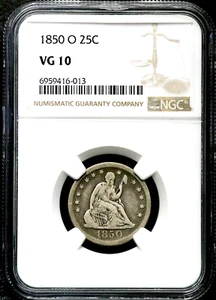 1850-O 25C Seated Liberty Silver Quarter - NGC VG 10 - New Orleans CC212 - Picture 1 of 4