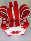 Handmade Need point Plastic Canvas Yarn Square Tissue Cover White & Red Starlite