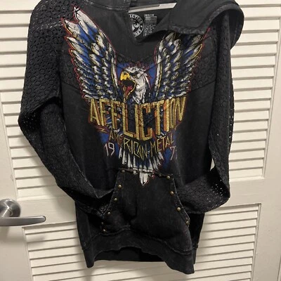 Affliction Womens Black Pullover Hoodie Medium. Lace Sleeve Corset Lace Arms - Image 1 of 4