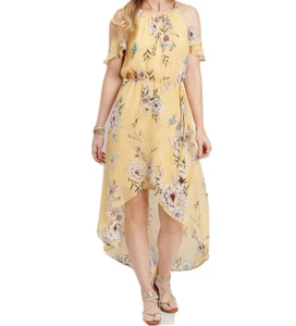 Maurices Women’s Hi Low Maxi Dress Size 3X Yellow Floral Cold Shoulder Boho NWT - Picture 1 of 10