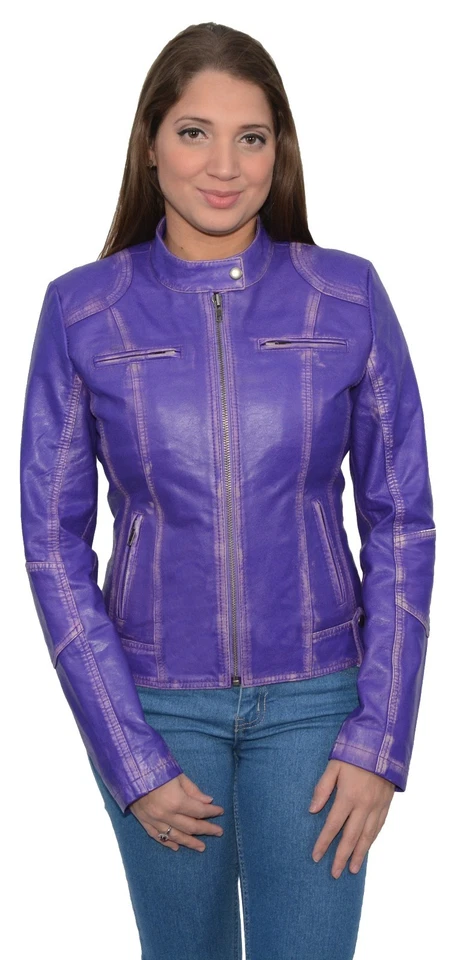 Ladies PURPLE Sheepskin Leather Scuba Style Moto Jacket w/ Zipper Front - Image 1 of 1