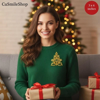 Gold Celtic Embroidered Patch Iron on Golden Scrollwork Christmas Tree 3" x 4" - Image 1 of 4