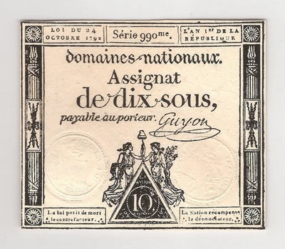 FRANCE  10 Sols  1792  P:A64a  AU  Domaines Nationaux - Image 1 of 2