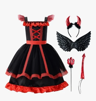 Disfraz de Halloween ReliBeauty Niñas 10/12 Negro Rojo Diablo con Accesorios Foto 1 de 4