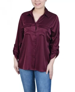 NY Collection Women's Top Petite PM 3/4 Sleeve Roll Tab Satin - Picture 1 of 5