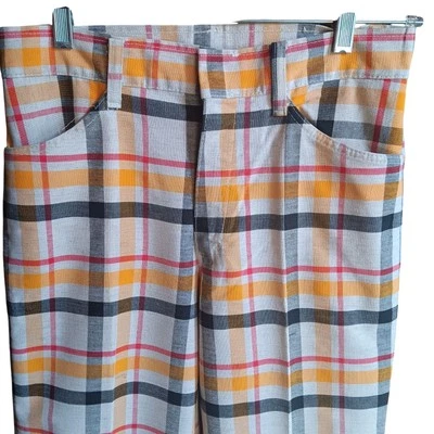 29x34 Vintage 1970s Plaid Bellbottom Jeans Mann USA Cloth Mod Talon 42 Mod Disco - Image 1 of 4