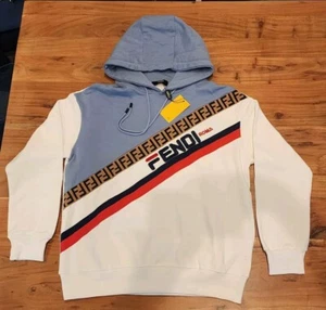 RARE Fendi x Fila 2019 Mania Stripe Hoodie Sweatshirt Blue White Large New - Picture 1 of 9