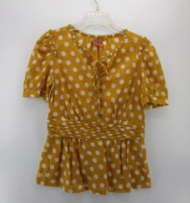 Tory Burch Top 女式 6 黄色套衫衬衫缩褶波尔卡圆点领带职业 — 第 1/4 张图片