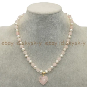 6/8/10mm Light Pink Quartz White Baroque Pearl Heart Pendant Necklace 14-32'' - Picture 1 of 13