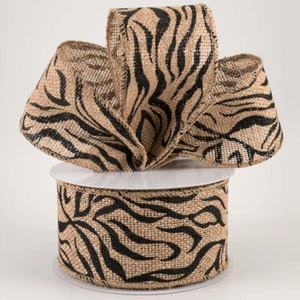10YD Burlap Zebra Stripe Ribbon Animal Print Natural Black Wired 2.5" Wide - Picture 1 of 2