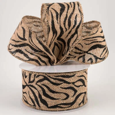 10YD Burlap Zebra Stripe Ribbon Animal Print Natural Black Wired 2.5" Wide - Image 1 of 2