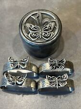 Vtg Lot Of 5 Metzke Pewter Butterfly Medallion Tin Trinket Box Napkin Rings