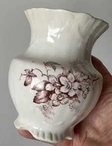 Antique Harker Pottery Co. Brown Floral Transferware Scalloped Rimmed Vase - Picture 1 of 9
