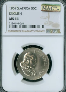 1967 SOUTH AFRICA ENGLISH 50 CENTS NGC MS66 MAC & SPOTLESS 81K MINTED . - Picture 1 of 2