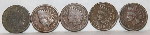 Indian Head lot of 5 with readable dates.  1888, 1889, 1890, 1891 ,1893 Cover