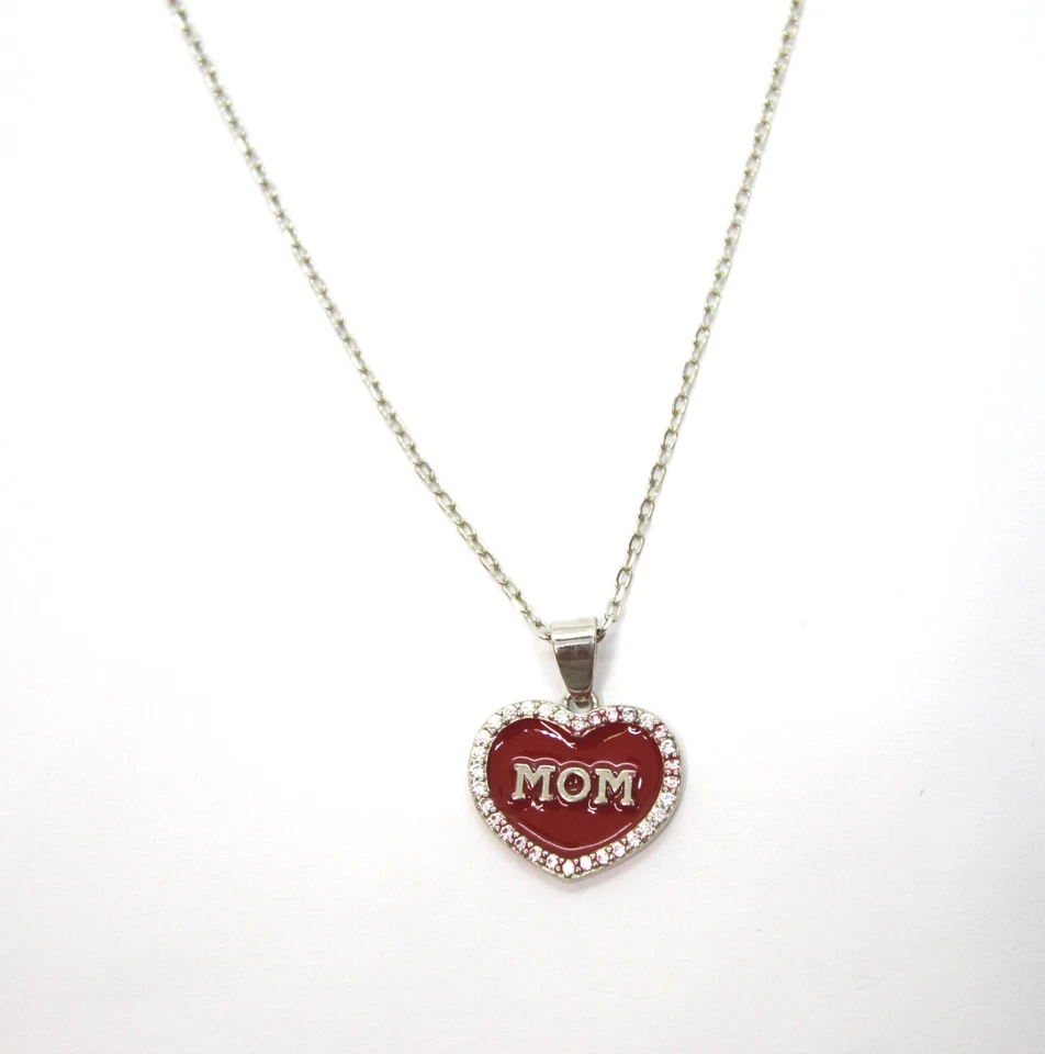 Collana in Argento 925 con Cuore Smaltato Rosso e Scritta "MOM" Mamma - Immagine 1 di 1