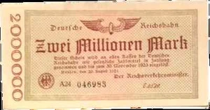 1923 Germany REICHSBAHN 2.000.000 / 2 Million Mark Banknote - Picture 1 of 1
