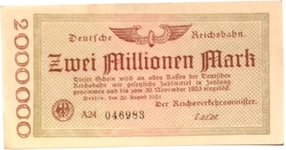 1923 Germany REICHSBAHN 2.000.000 / 2 Million Mark Banknote - Image 1 of 1
