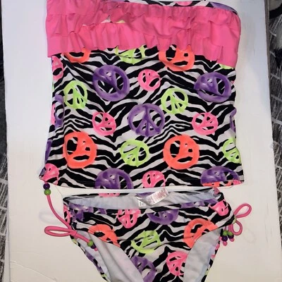 Traje de baño Tankini Justice Girls con volantes 2 piezas 14 1/2 nuevo con etiquetas estampado de cebra signo de la paz Foto 1 de 4