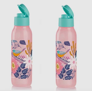 Zwei Tupperware Eco Wasserflaschen Set 16 Unzen Flip Top Dichtungen Rosa & Türkis Neu - Bild 1 von 1