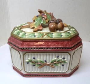 Vintage EQUESTRIAN POTTERY BOX by Fitz & Floyd Acorns & Oak Leaves Hand Painted - Picture 1 of 9