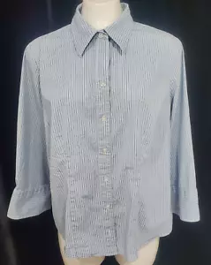 FASHION BUG Blue & White Striped Collared Button-up Shirt Size 1X Wide cuffs - Picture 1 of 7