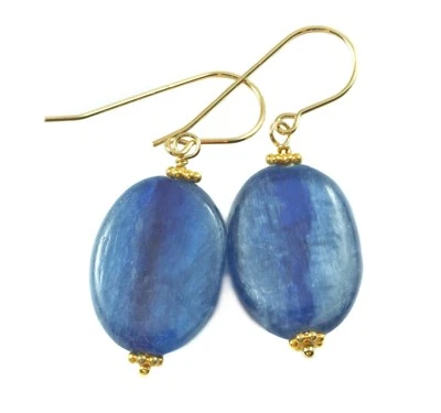 Pendientes de cianita azul ovalado oro 14k simple natural brillante gota plata de ley Foto 1 de 4