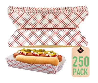 Mr Miracle 7 Inch Paper Hot Dog Tray in Red White Pattern. Pack of 250. Dispo... - Image 1 of 4