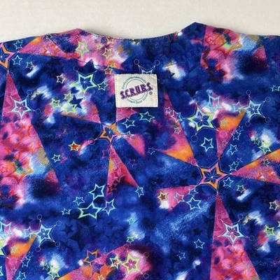 S.C.R.U.B.S. Snap Up S/S Scrub Top Size Small Blue Pink Orange Cosmic Star Print - Image 1 of 4