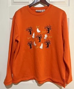 Vintage Basic Edition Halloween BOO Ghost Fall Trees Orange Sweatshirt Size L - Picture 1 of 11