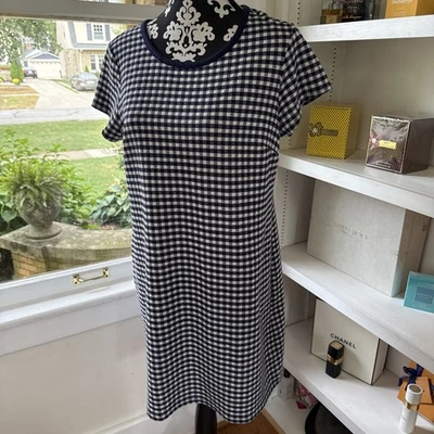 Maison Jules Size L Contrast Collar Navy & White Comfy Gingham Shift Dress - Image 1 of 4