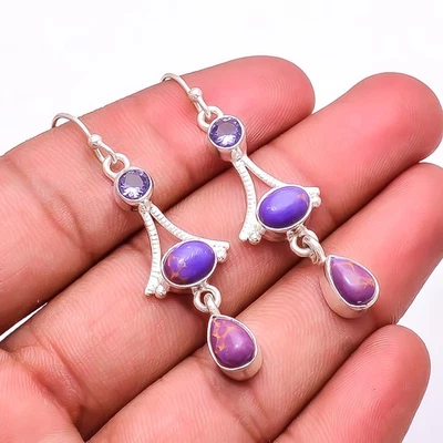 Copper Purple Turquoise Multi Collet 925 Sterling Silver Earring 2.03" E29 - Image 1 of 4