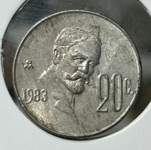 1983 Mexico 20 Centavos Twenty Round Top 3 Three Bard - Picture 1 of 2