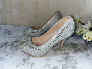 Women’s Bridal Peep Toe Silver White Diamonds Mirror Crystals Heel Size 6.5 - Picture 1 of 10