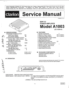 CLARION A1003 (EE-1020A-A) 80W x2 AMPLIFICATORE DI POTENZA, MANUALE DI SERVIZIO ORIGINALE - Foto 1 di 1