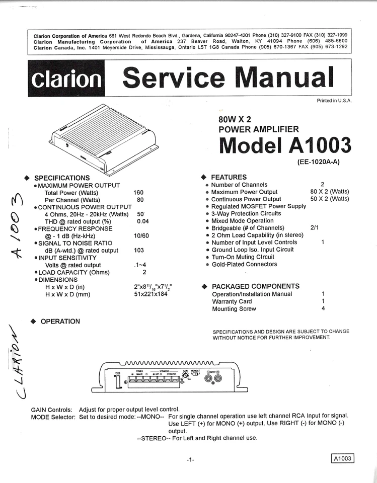 AMPLIFICADOR DE POTENCIA CLARION A1003 (EE-1020A-A) 80W x2, MANUAL DE SERVICIO ORIGINAL Foto 1 de 1