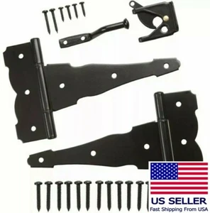 Black Gate Hinge Latch Set Steel Hardware Fence Lockable Screws Shed Kit - Picture 1 of 3
