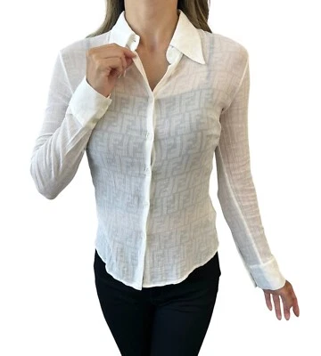 Camisa Top FENDI Vintage Zucca Monograma Logo Transparente #42 Algodón Crema RankAB Foto 1 de 4