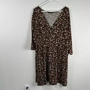 Tiana B Midi Dress Womens Size 2X Brown Animal Cheetah Print 3/4 Sleeve V Neck - Picture 1 of 9
