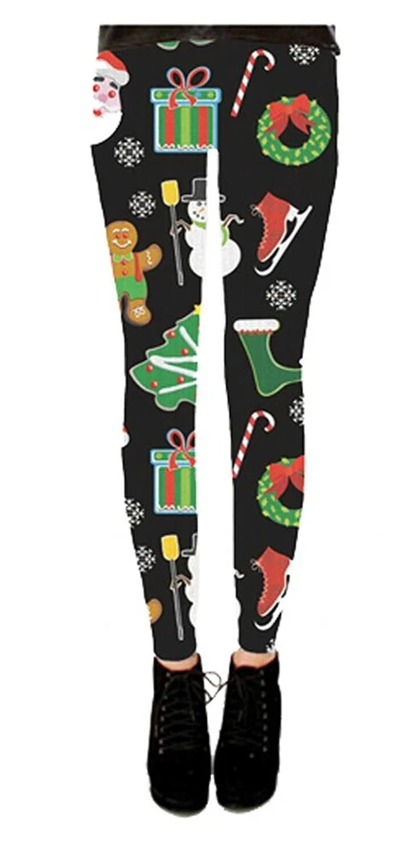 Juniors Negro Vacaciones Símbolos de Alegría Todo Feo Tacky Navidad Leggings Foto 1 de 1